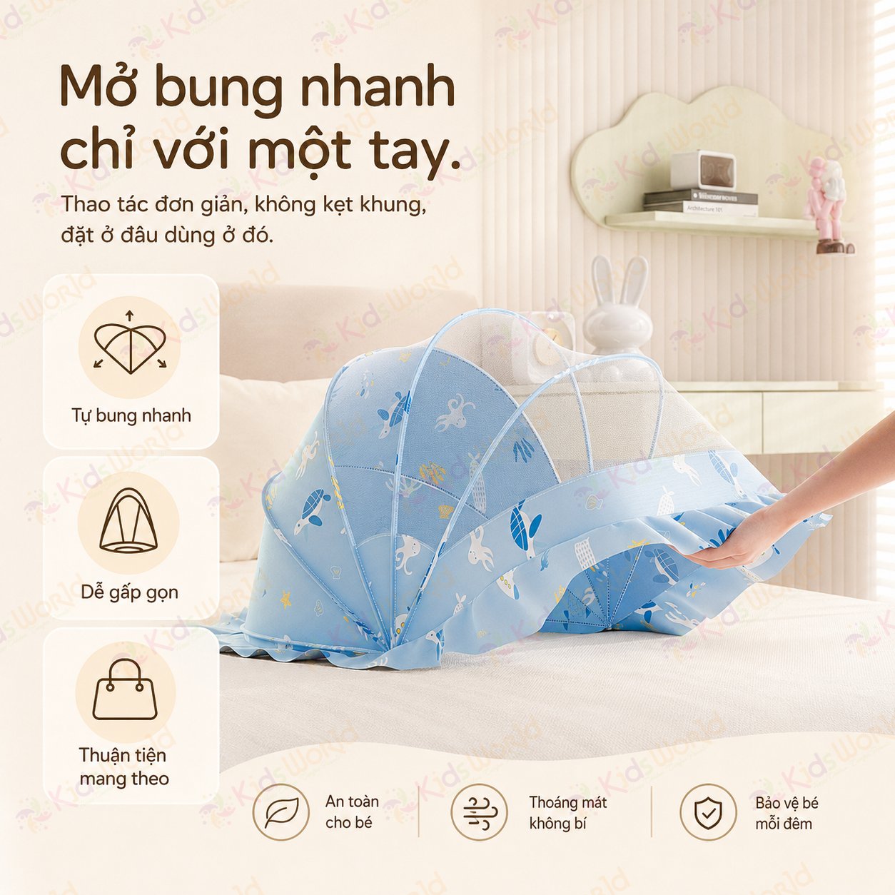 Màn chụp tự bung cho bé gấp gọn chống muỗi côn trùng, họa tiết động vật đại dương dễ thương, lưới mắt ong thoáng khí, thiết kế chắn sáng dùng cho giường nôi cũi