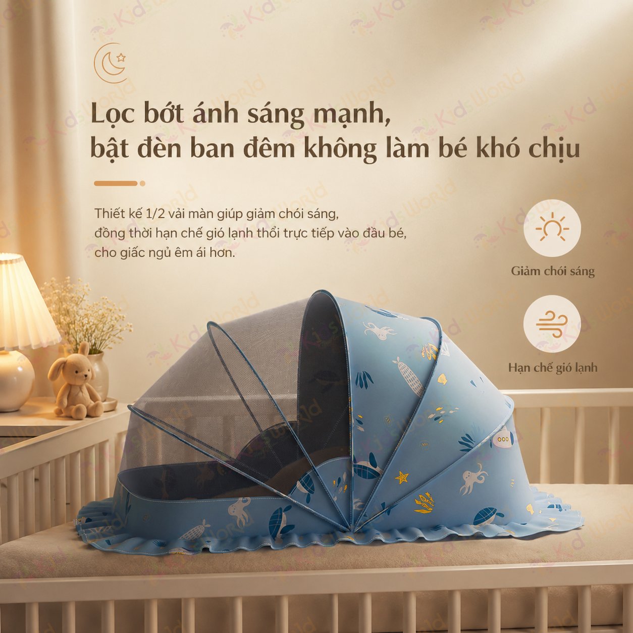 Màn chụp tự bung cho bé gấp gọn chống muỗi côn trùng, họa tiết động vật đại dương dễ thương, lưới mắt ong thoáng khí, thiết kế chắn sáng dùng cho giường nôi cũi
