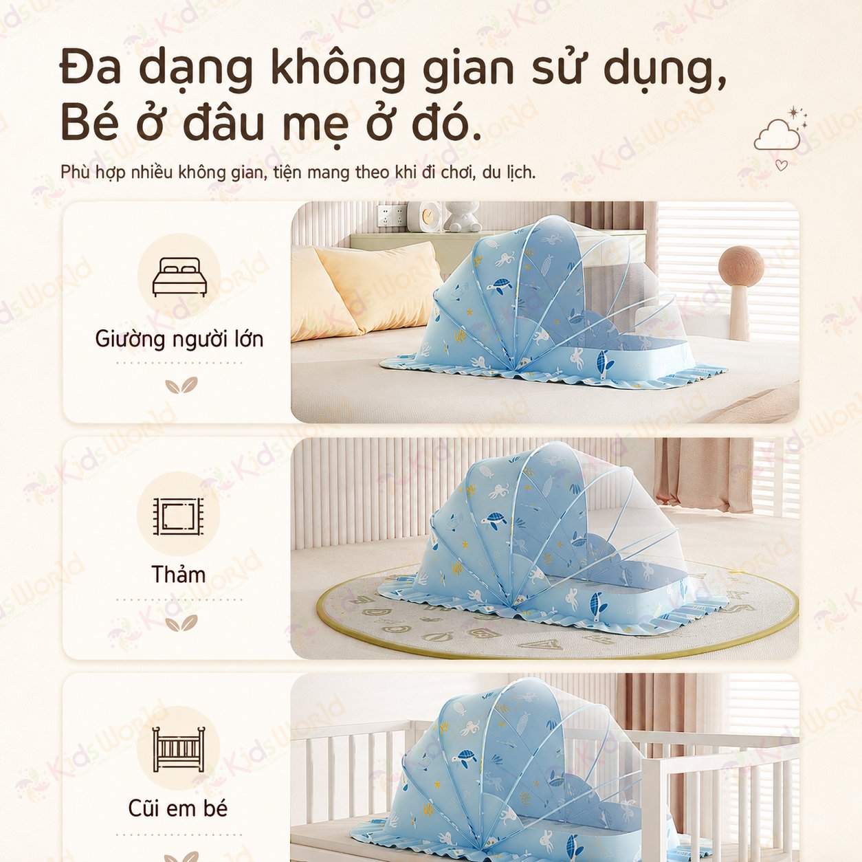 Màn chụp tự bung cho bé gấp gọn chống muỗi côn trùng, họa tiết động vật đại dương dễ thương, lưới mắt ong thoáng khí, thiết kế chắn sáng dùng cho giường nôi cũi