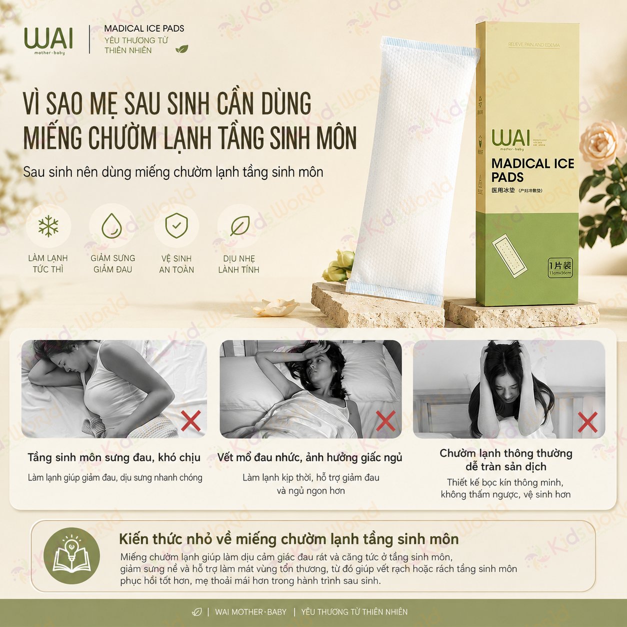 Miếng chườm lạnh tầng sinh môn cho mẹ bầu sau sinh WAI Medical Ice Pads dùng 1 lần băng vệ sinh chườm lạnh giảm đau, giảm sưng, thấm hút sản dịch, dùng cho sinh thường & sinh mổ