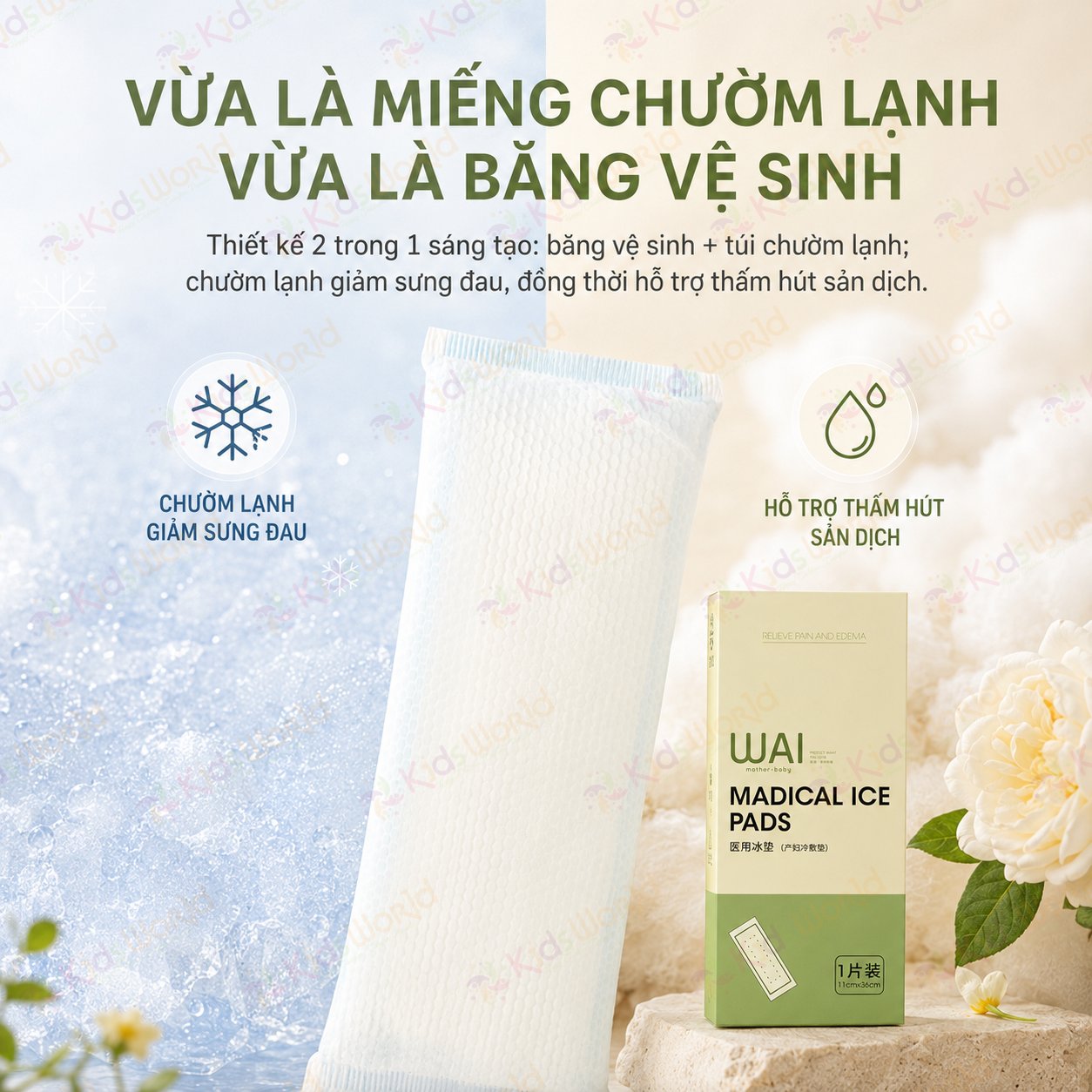 Miếng chườm lạnh tầng sinh môn cho mẹ bầu sau sinh WAI Medical Ice Pads dùng 1 lần băng vệ sinh chườm lạnh giảm đau, giảm sưng, thấm hút sản dịch, dùng cho sinh thường & sinh mổ