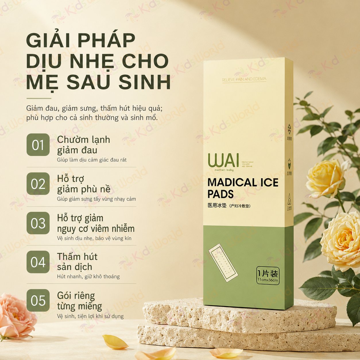 Miếng chườm lạnh tầng sinh môn cho mẹ bầu sau sinh WAI Medical Ice Pads dùng 1 lần băng vệ sinh chườm lạnh giảm đau, giảm sưng, thấm hút sản dịch, dùng cho sinh thường & sinh mổ