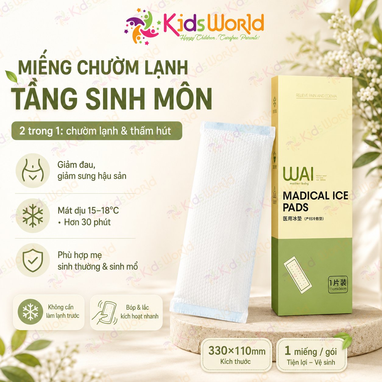 Miếng chườm lạnh tầng sinh môn cho mẹ bầu sau sinh WAI Medical Ice Pads dùng 1 lần băng vệ sinh chườm lạnh giảm đau, giảm sưng, thấm hút sản dịch, dùng cho sinh thường & sinh mổ