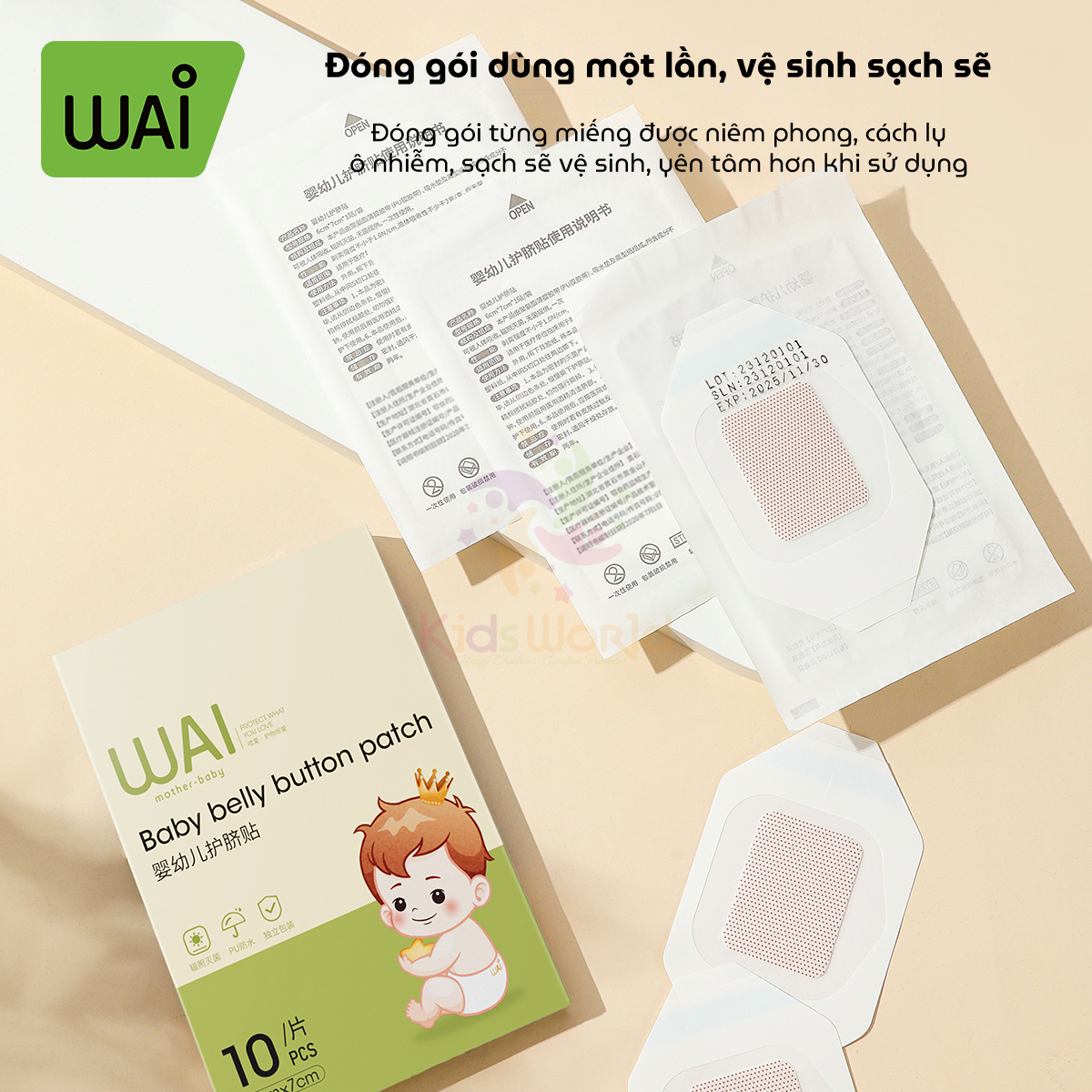 Hộp 10 miếng dán rốn cho trẻ sơ sinh WAI Baby belly button patch chống thấm nước khi tắm, bơi hộp tiện lợi