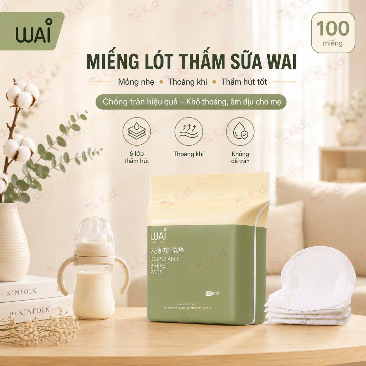 Miếng lót thấm sữa WAI Disposable Breast Pad siêu thấm 6 lớp chống tràn, thoáng khí, mỏng nhẹ cho mẹ sau sinh