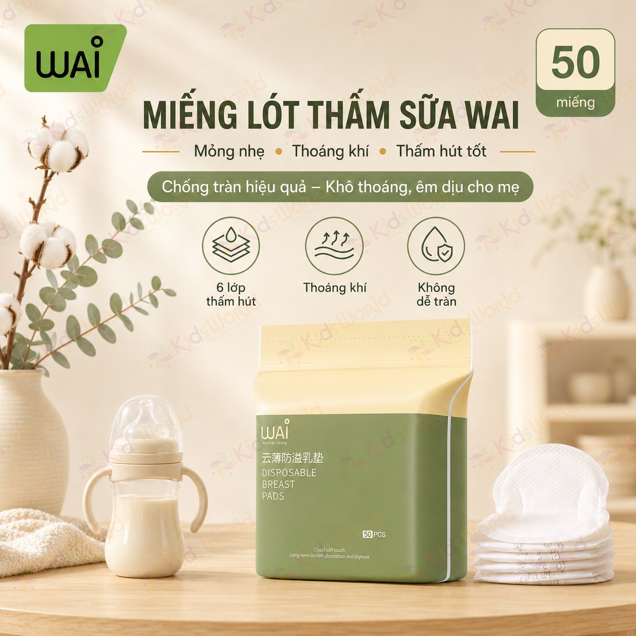 Miếng lót thấm sữa WAI Disposable Breast Pad siêu thấm 6 lớp chống tràn, thoáng khí, mỏng nhẹ cho mẹ sau sinh