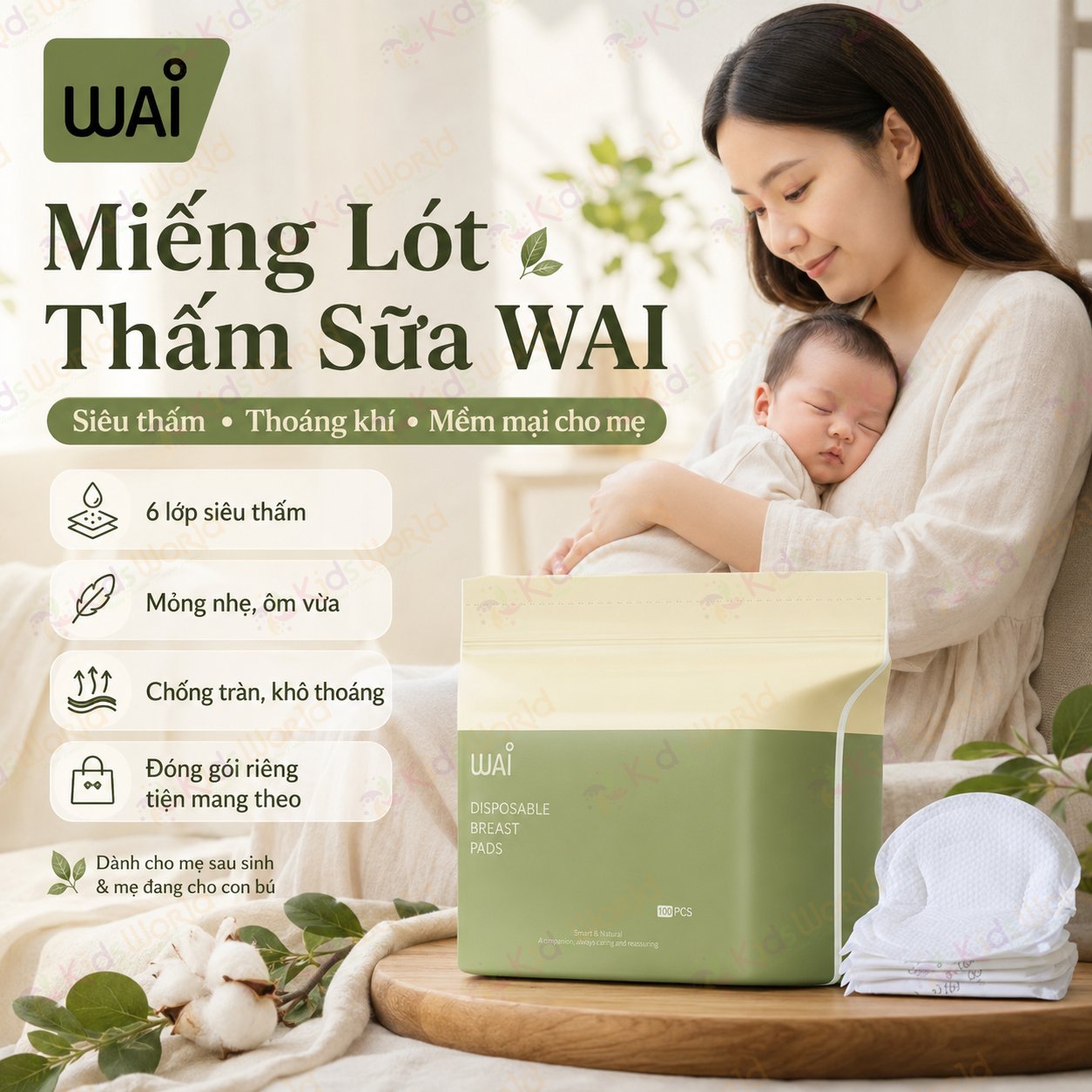 Miếng lót thấm sữa WAI Disposable Breast Pad siêu thấm 6 lớp chống tràn, thoáng khí, mỏng nhẹ cho mẹ sau sinh