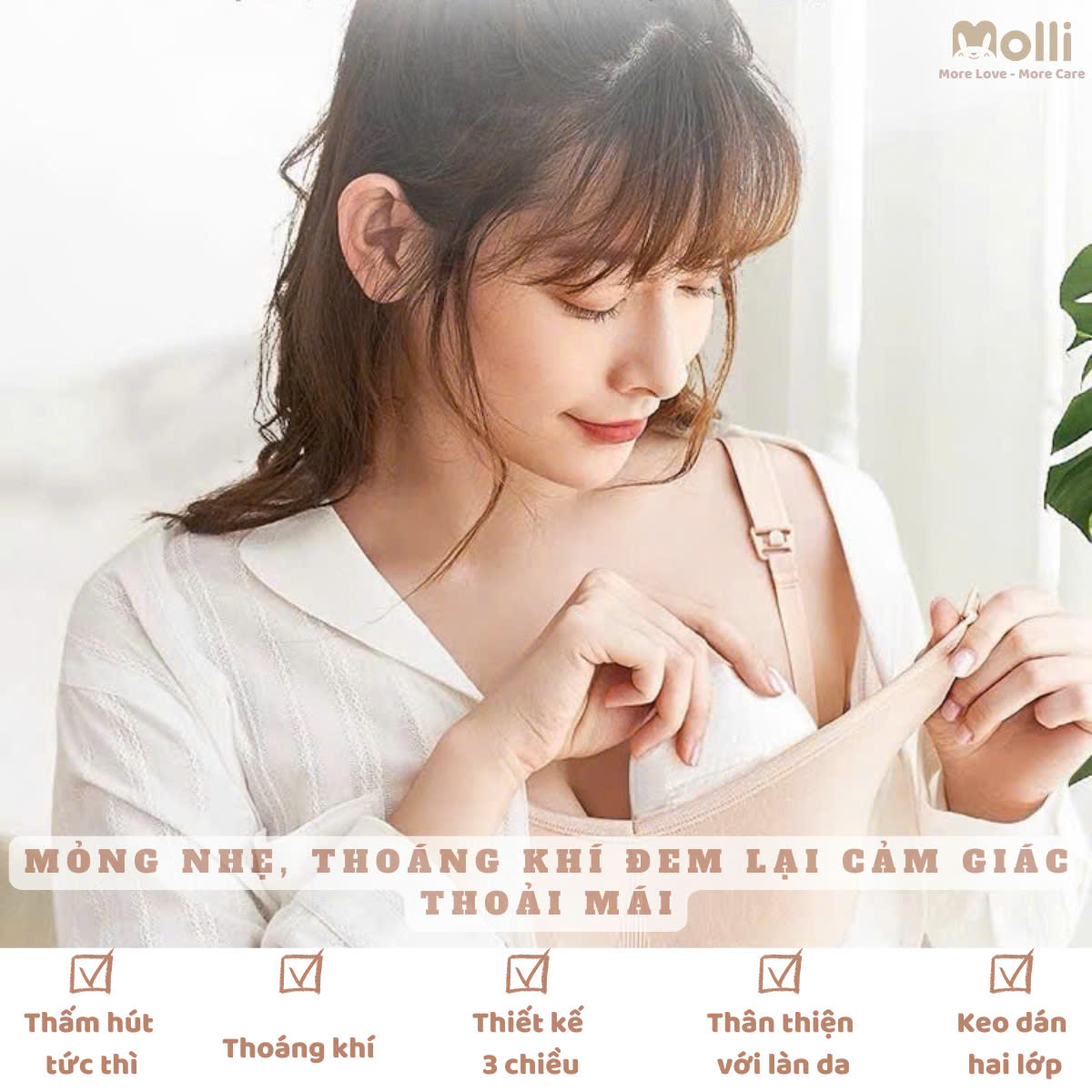 Miếng lót thấm sữa cho mẹ Molli thiết kế 6 lớp với 3 lớp chống thấm ngược, mỏng nhẹ và vệ sinh