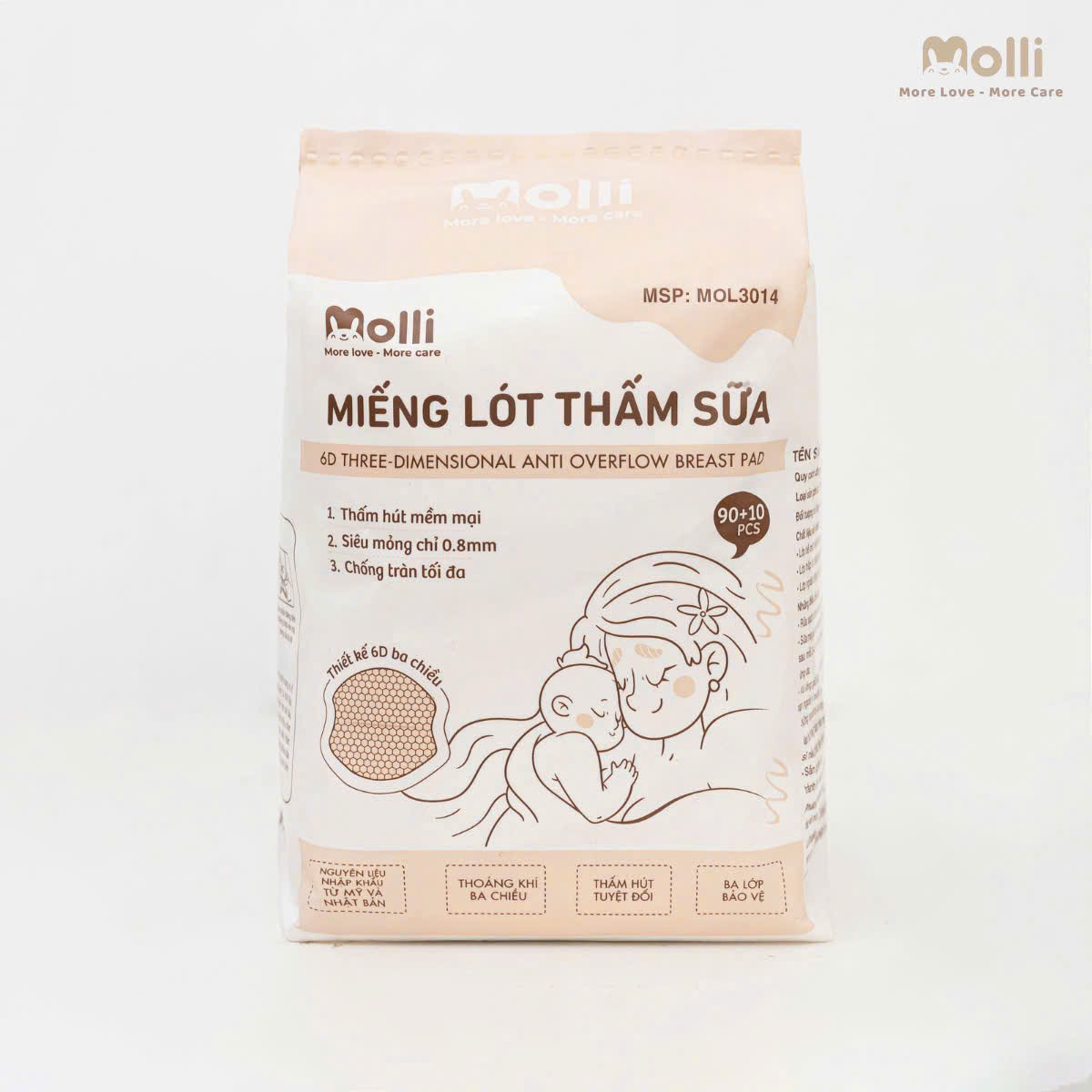 Miếng lót thấm sữa cho mẹ Molli thiết kế 6 lớp với 3 lớp chống thấm ngược, mỏng nhẹ và vệ sinh