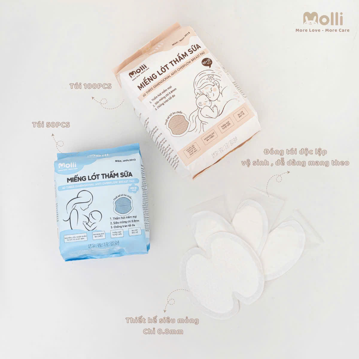 Miếng lót thấm sữa cho mẹ Molli thiết kế 6 lớp với 3 lớp chống thấm ngược, mỏng nhẹ và vệ sinh