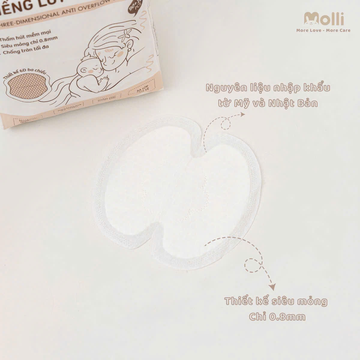 Miếng lót thấm sữa cho mẹ Molli thiết kế 6 lớp với 3 lớp chống thấm ngược, mỏng nhẹ và vệ sinh