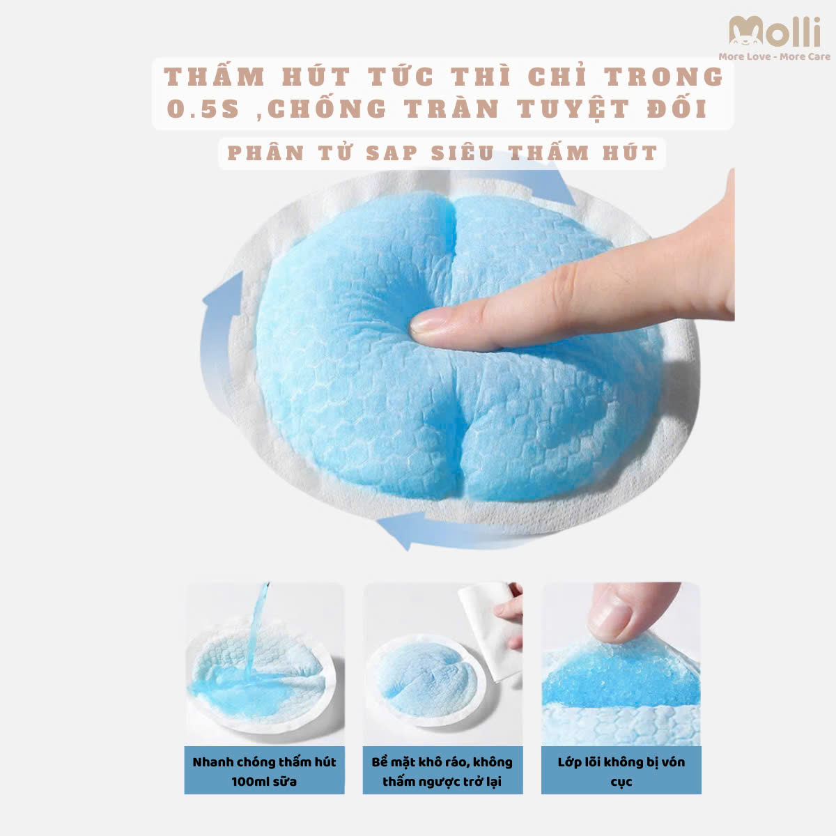 Miếng lót thấm sữa cho mẹ Molli thiết kế 6 lớp với 3 lớp chống thấm ngược, mỏng nhẹ và vệ sinh