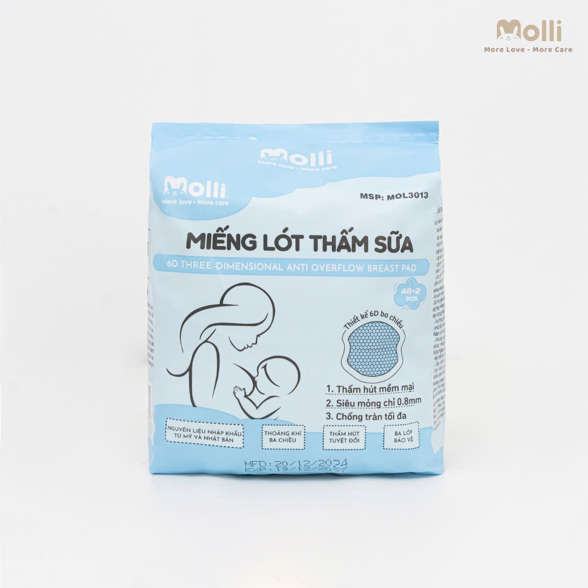 Miếng lót thấm sữa cho mẹ Molli thiết kế 6 lớp với 3 lớp chống thấm ngược, mỏng nhẹ và vệ sinh