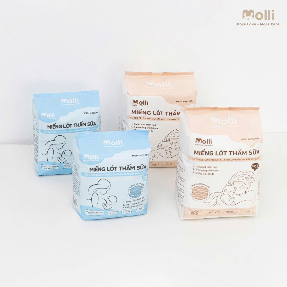 Miếng lót thấm sữa cho mẹ Molli thiết kế 6 lớp với 3 lớp chống thấm ngược, mỏng nhẹ và vệ sinh