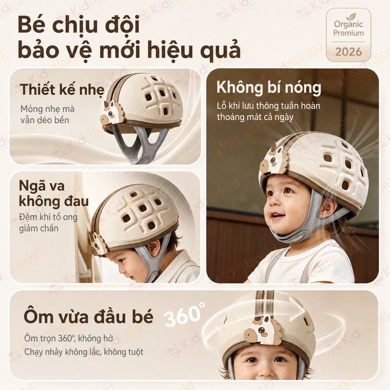 Mũ bảo vệ đầu chống va đập cho bé tập bò tập đi hình ngựa, đệm EVA tổ ong giảm chấn, thoáng khí 3D, ôm đầu 360°, điều chỉnh vòng đầu 45–50cm