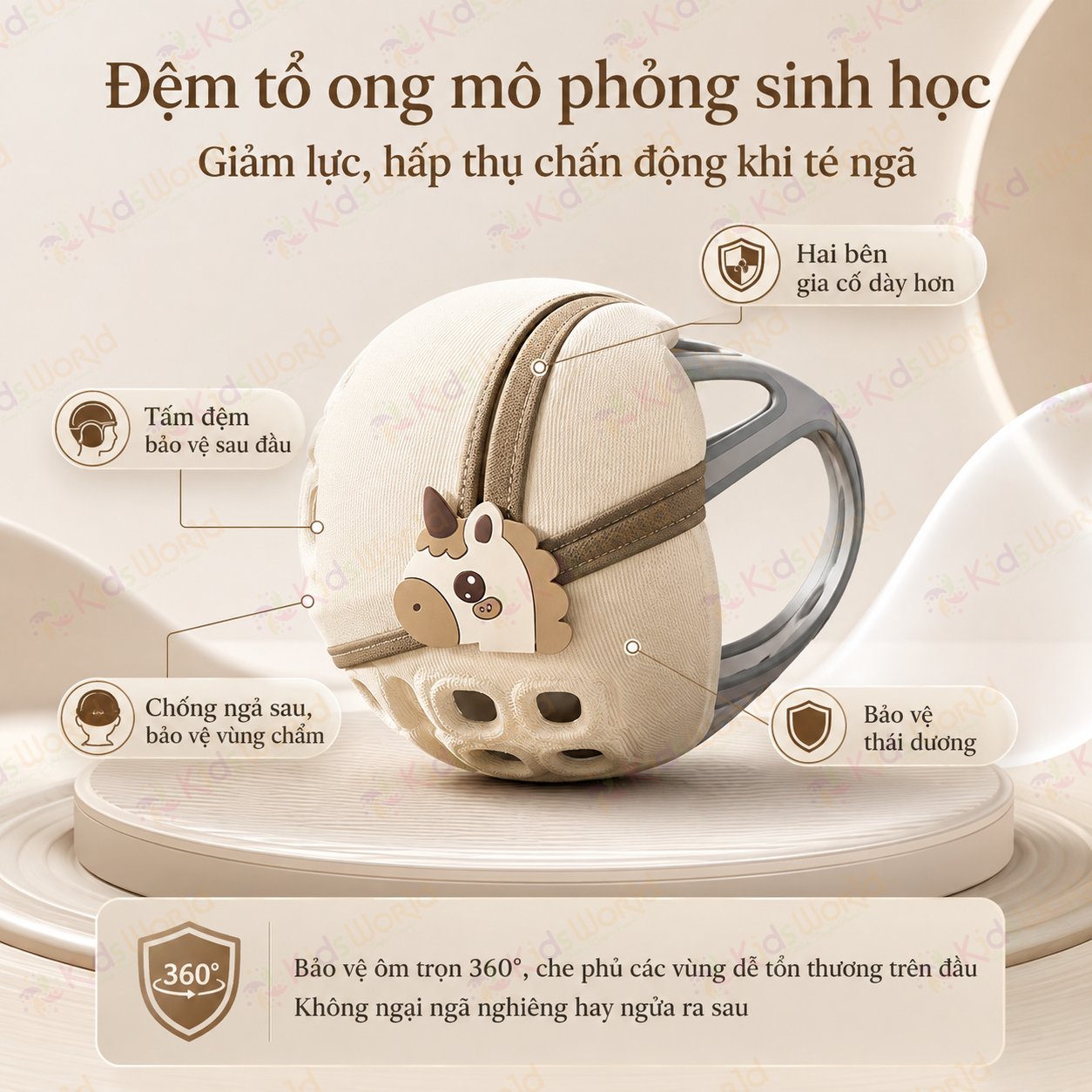 Mũ bảo vệ đầu chống va đập cho bé tập bò tập đi hình ngựa, đệm EVA tổ ong giảm chấn, thoáng khí 3D, ôm đầu 360°, điều chỉnh vòng đầu 45–50cm