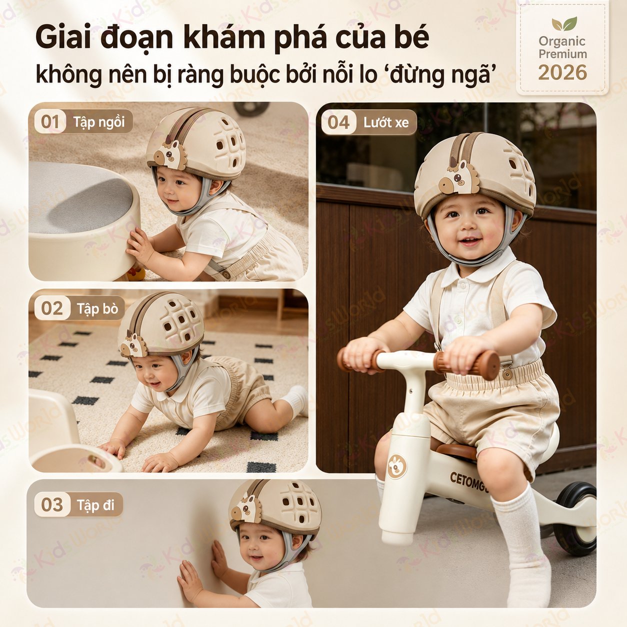 Mũ bảo vệ đầu chống va đập cho bé tập bò tập đi hình ngựa, đệm EVA tổ ong giảm chấn, thoáng khí 3D, ôm đầu 360°, điều chỉnh vòng đầu 45–50cm