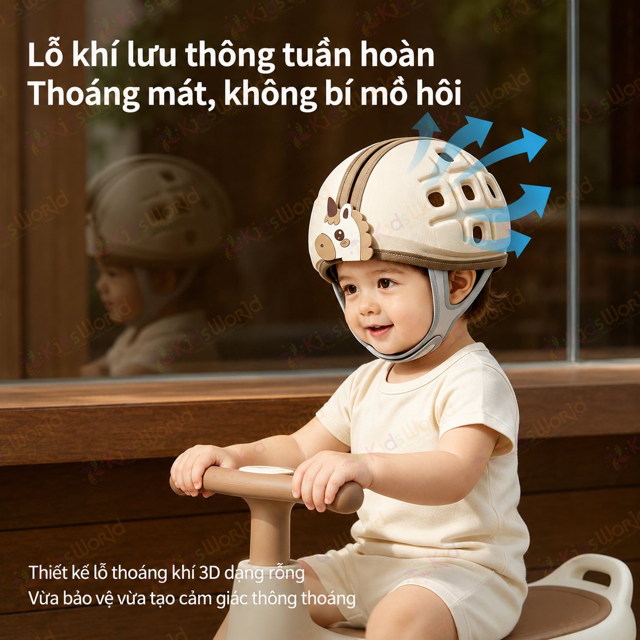 Mũ bảo vệ đầu chống va đập cho bé tập bò tập đi hình ngựa, đệm EVA tổ ong giảm chấn, thoáng khí 3D, ôm đầu 360°, điều chỉnh vòng đầu 45–50cm