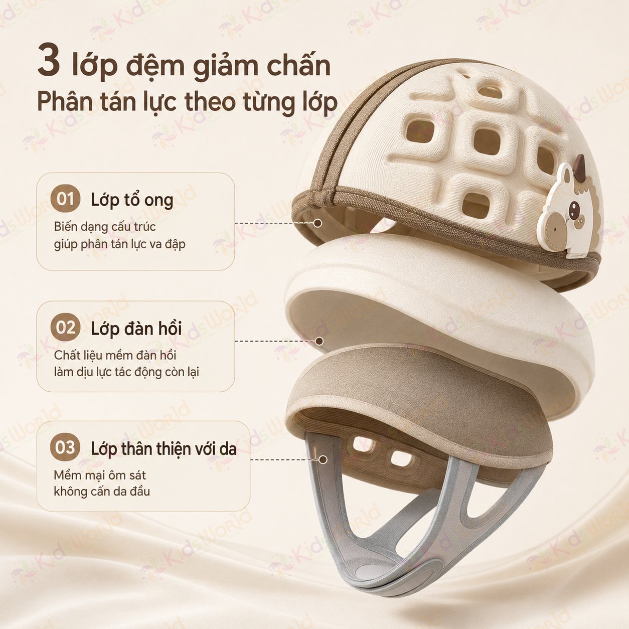 Mũ bảo vệ đầu chống va đập cho bé tập bò tập đi hình ngựa, đệm EVA tổ ong giảm chấn, thoáng khí 3D, ôm đầu 360°, điều chỉnh vòng đầu 45–50cm