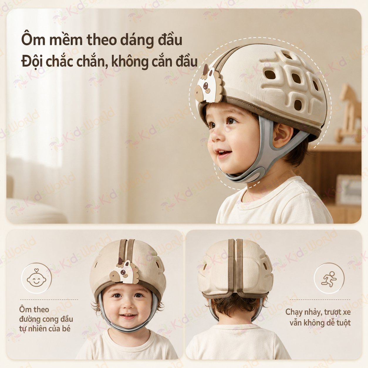 Mũ bảo vệ đầu chống va đập cho bé tập bò tập đi hình ngựa, đệm EVA tổ ong giảm chấn, thoáng khí 3D, ôm đầu 360°, điều chỉnh vòng đầu 45–50cm