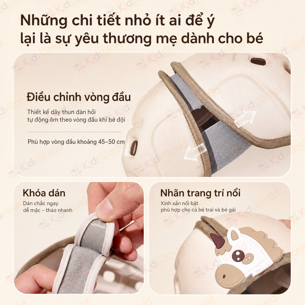 Mũ bảo vệ đầu chống va đập cho bé tập bò tập đi hình ngựa, đệm EVA tổ ong giảm chấn, thoáng khí 3D, ôm đầu 360°, điều chỉnh vòng đầu 45–50cm