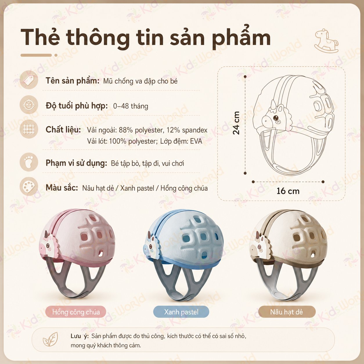 Mũ bảo vệ đầu chống va đập cho bé tập bò tập đi hình ngựa, đệm EVA tổ ong giảm chấn, thoáng khí 3D, ôm đầu 360°, điều chỉnh vòng đầu 45–50cm