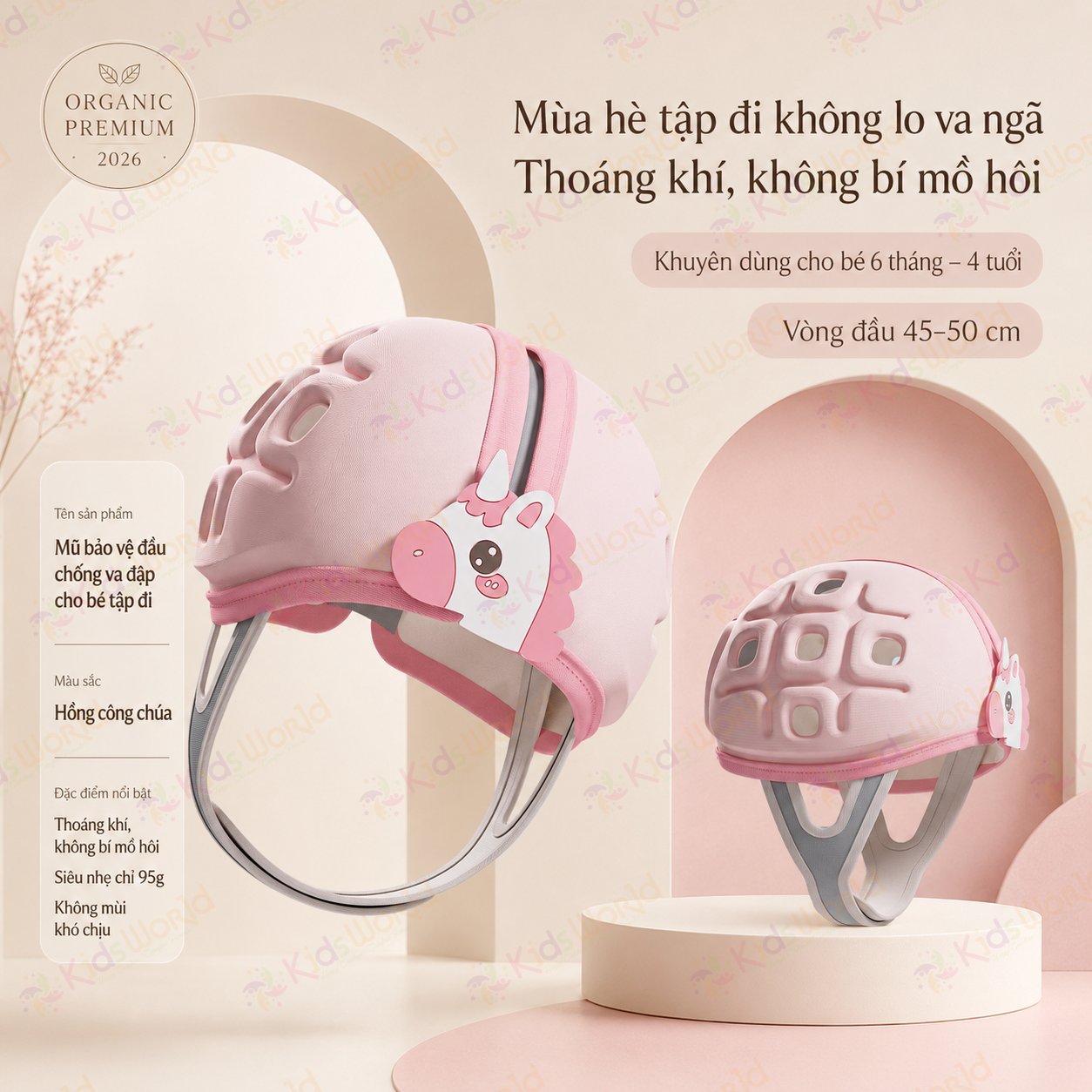 Mũ bảo vệ đầu chống va đập cho bé tập bò tập đi hình ngựa, đệm EVA tổ ong giảm chấn, thoáng khí 3D, ôm đầu 360°, điều chỉnh vòng đầu 45–50cm