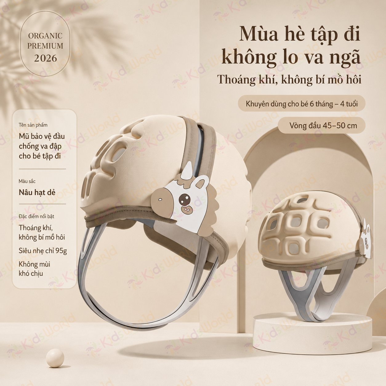 Mũ bảo vệ đầu chống va đập cho bé tập bò tập đi hình ngựa, đệm EVA tổ ong giảm chấn, thoáng khí 3D, ôm đầu 360°, điều chỉnh vòng đầu 45–50cm