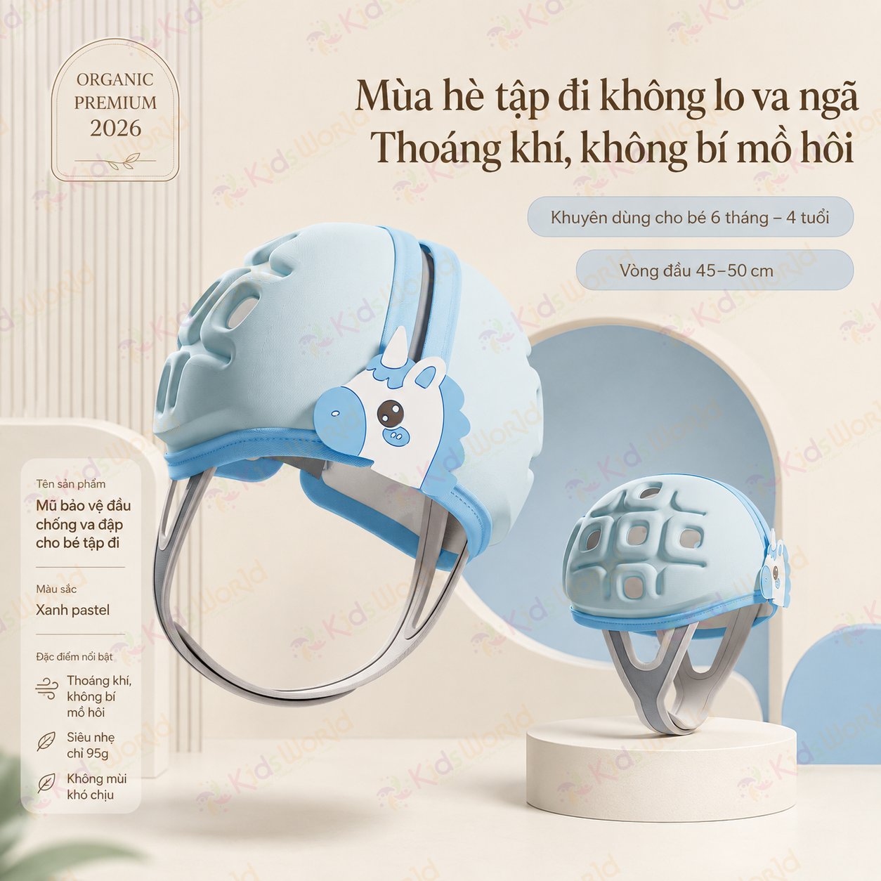Mũ bảo vệ đầu chống va đập cho bé tập bò tập đi hình ngựa, đệm EVA tổ ong giảm chấn, thoáng khí 3D, ôm đầu 360°, điều chỉnh vòng đầu 45–50cm