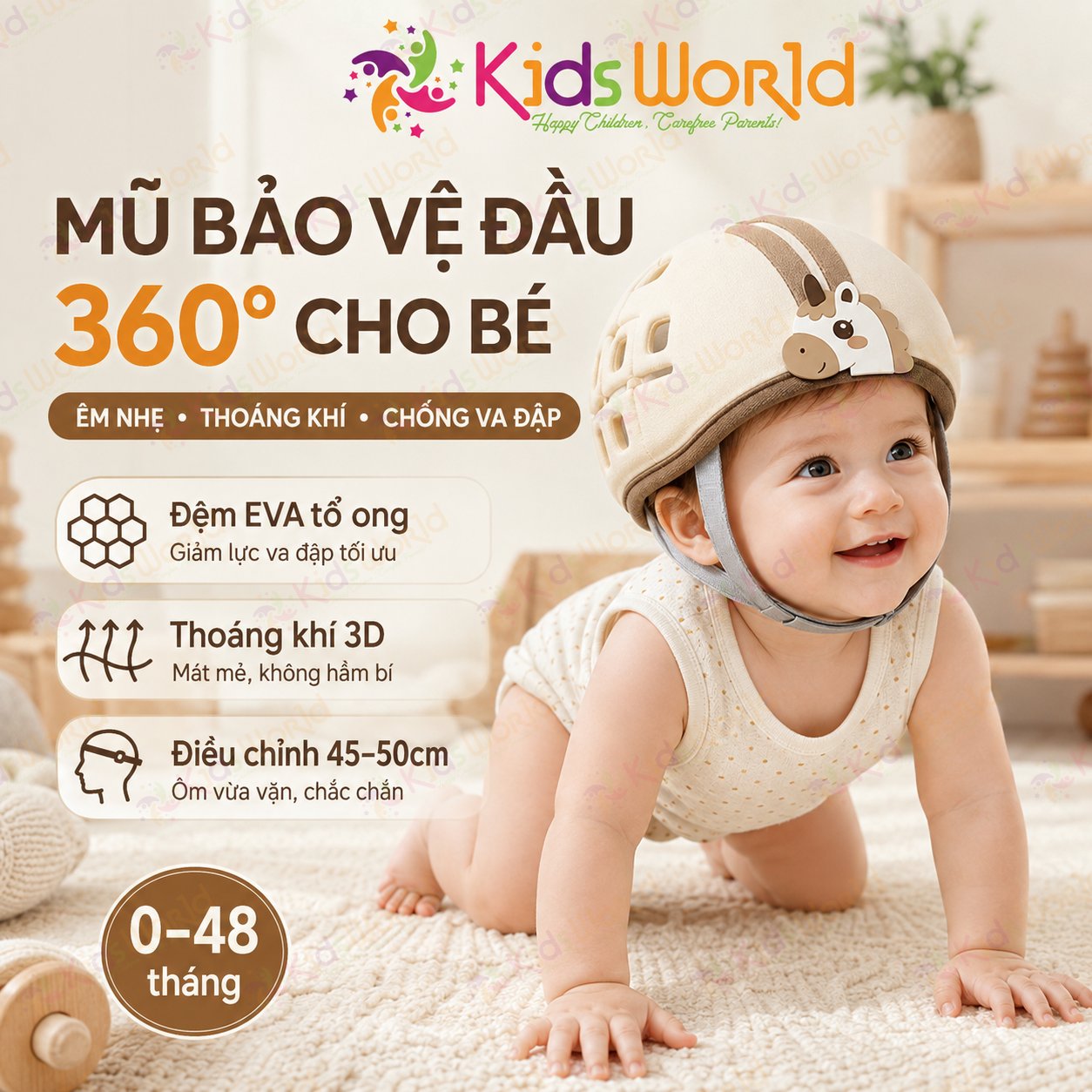 Mũ bảo vệ đầu chống va đập cho bé tập bò tập đi hình ngựa, đệm EVA tổ ong giảm chấn, thoáng khí 3D, ôm đầu 360°, điều chỉnh vòng đầu 45–50cm