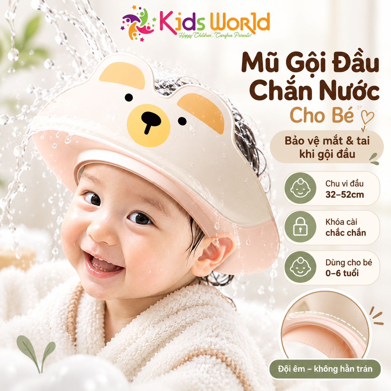 Mũ gội đầu, mũ tắm chắn nước bảo vệ tai cho bé yêu từ 0-6 tuổi, có thể điều chỉnh kích thước theo vòng đầu của bé