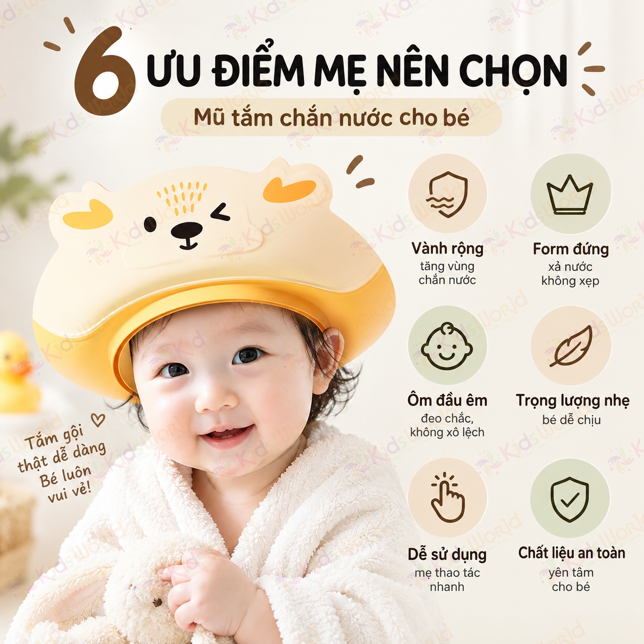 Mũ tắm chắn nước cho bé hình tuần lộc vành rộng 8.5cm, 3 lớp chắn nước, điều chỉnh 32–52cm, bảo vệ mắt tai khi gội đầu
