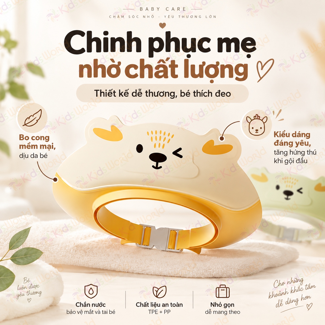 Mũ tắm chắn nước cho bé hình tuần lộc vành rộng 8.5cm, 3 lớp chắn nước, điều chỉnh 32–52cm, bảo vệ mắt tai khi gội đầu