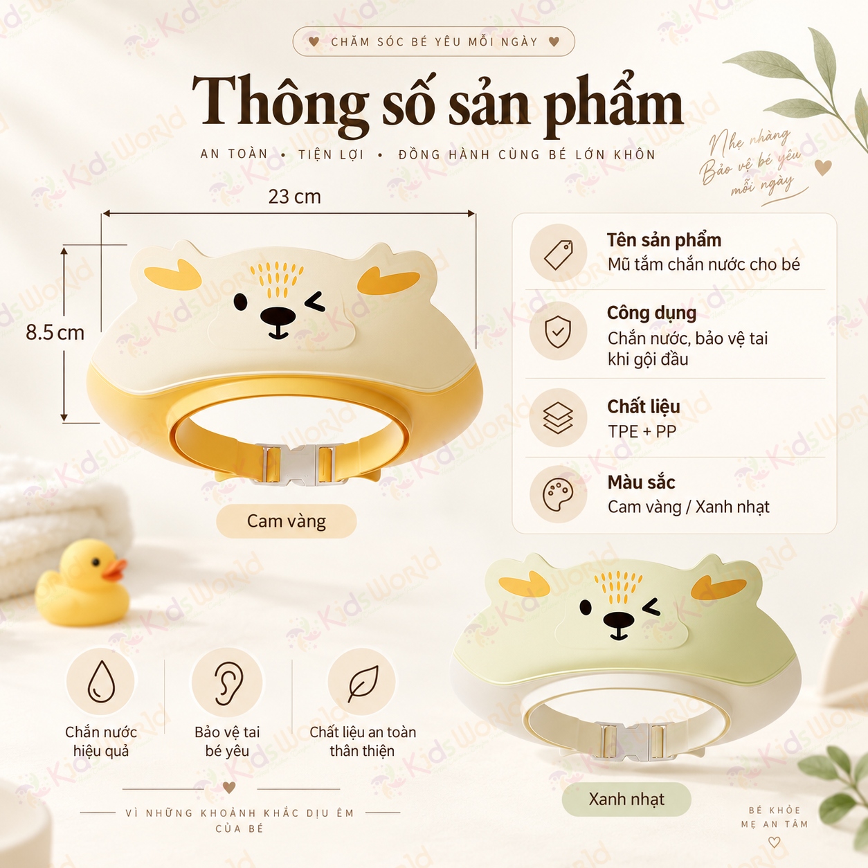 Mũ tắm chắn nước cho bé hình tuần lộc vành rộng 8.5cm, 3 lớp chắn nước, điều chỉnh 32–52cm, bảo vệ mắt tai khi gội đầu
