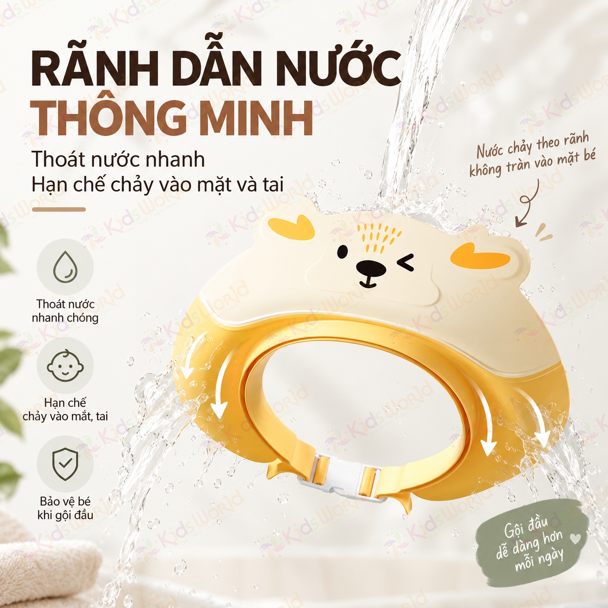 Mũ tắm chắn nước cho bé hình tuần lộc vành rộng 8.5cm, 3 lớp chắn nước, điều chỉnh 32–52cm, bảo vệ mắt tai khi gội đầu