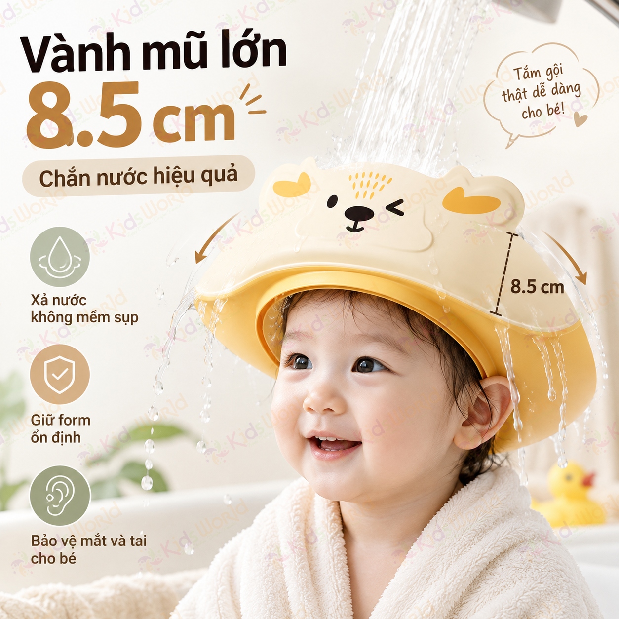 Mũ tắm chắn nước cho bé hình tuần lộc vành rộng 8.5cm, 3 lớp chắn nước, điều chỉnh 32–52cm, bảo vệ mắt tai khi gội đầu