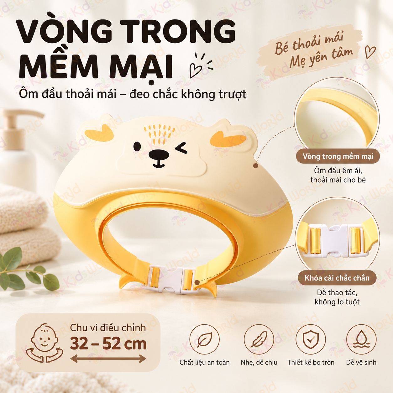 Mũ tắm chắn nước cho bé hình tuần lộc vành rộng 8.5cm, 3 lớp chắn nước, điều chỉnh 32–52cm, bảo vệ mắt tai khi gội đầu