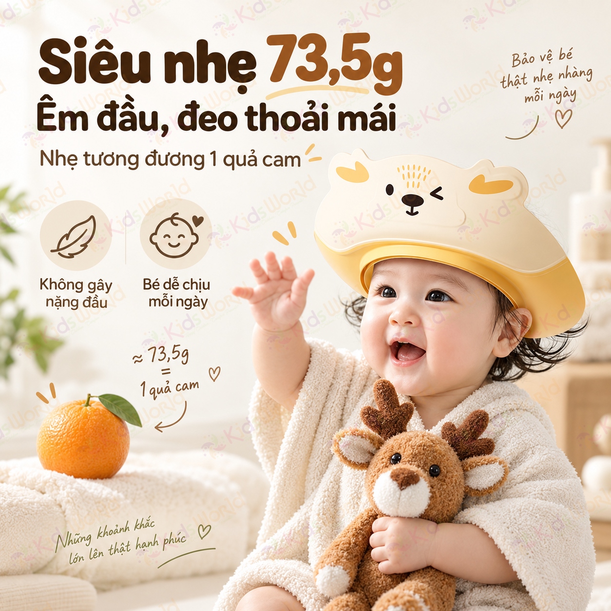 Mũ tắm chắn nước cho bé hình tuần lộc vành rộng 8.5cm, 3 lớp chắn nước, điều chỉnh 32–52cm, bảo vệ mắt tai khi gội đầu
