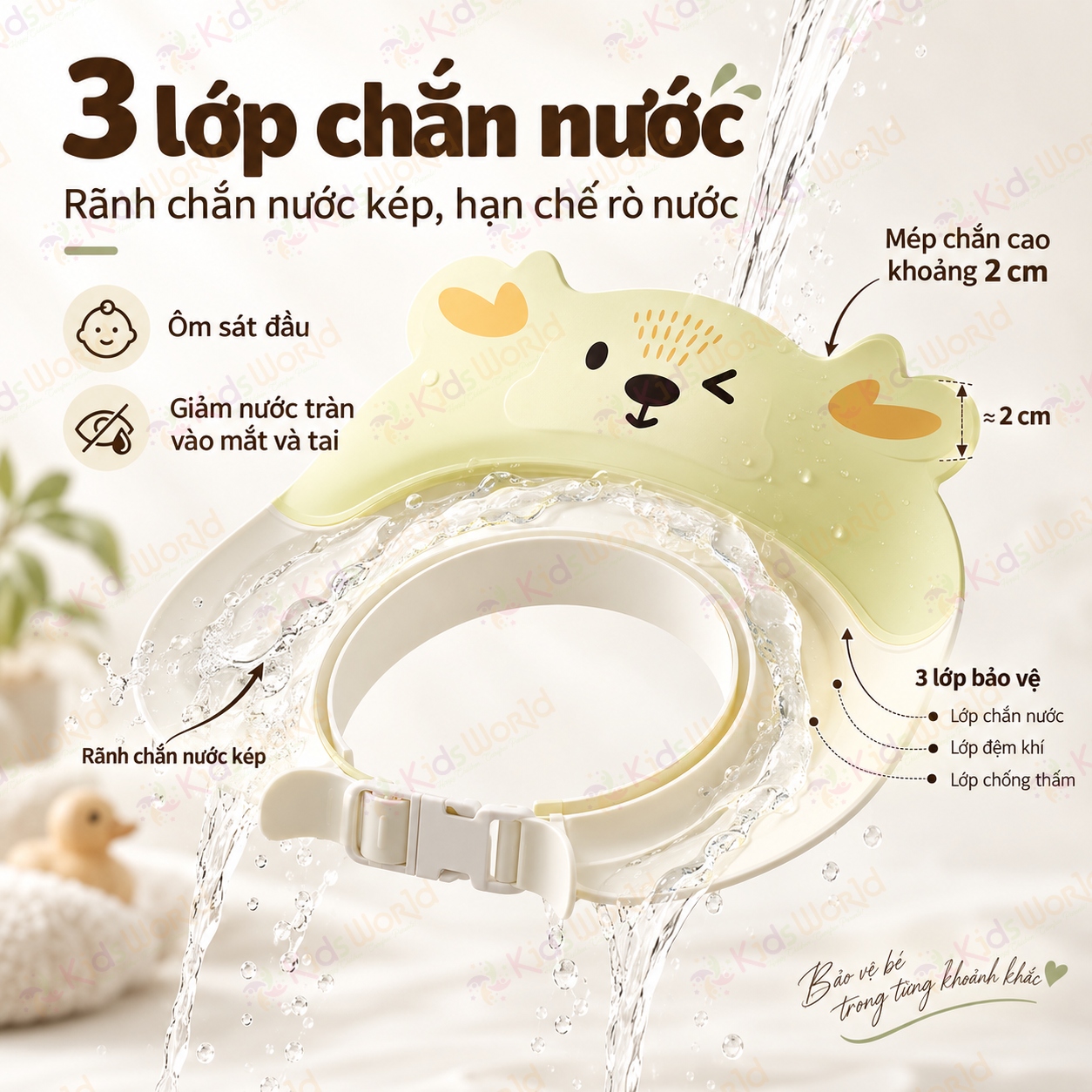 Mũ tắm chắn nước cho bé hình tuần lộc vành rộng 8.5cm, 3 lớp chắn nước, điều chỉnh 32–52cm, bảo vệ mắt tai khi gội đầu
