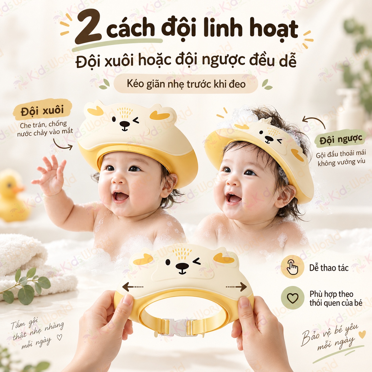 Mũ tắm chắn nước cho bé hình tuần lộc vành rộng 8.5cm, 3 lớp chắn nước, điều chỉnh 32–52cm, bảo vệ mắt tai khi gội đầu