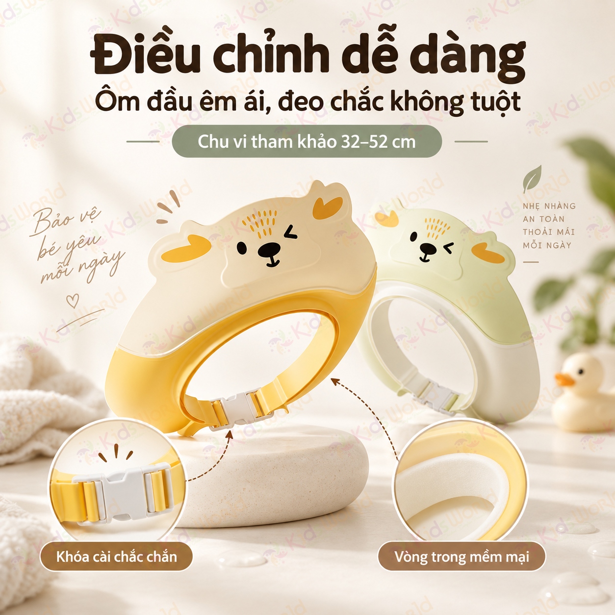 Mũ tắm chắn nước cho bé hình tuần lộc vành rộng 8.5cm, 3 lớp chắn nước, điều chỉnh 32–52cm, bảo vệ mắt tai khi gội đầu