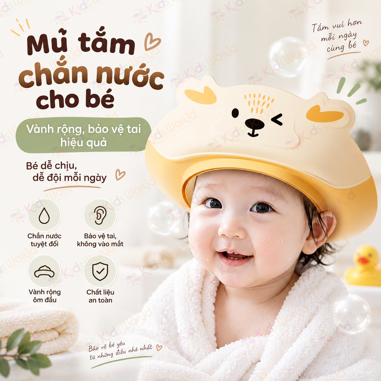 Mũ tắm chắn nước cho bé hình tuần lộc vành rộng 8.5cm, 3 lớp chắn nước, điều chỉnh 32–52cm, bảo vệ mắt tai khi gội đầu