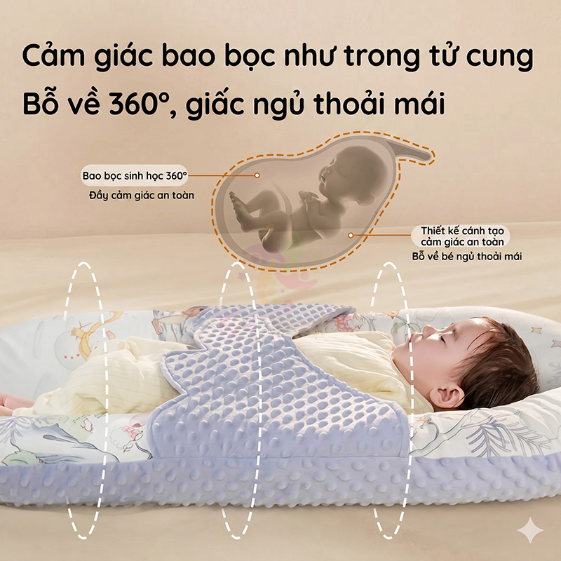 Nôi ngủ chung giường cho bé sơ sinh hoạ tiết cổ tích cao cấp thiết kế mô trong bụng mẹ chống giật mình, chống đè nhầm, định hình đầu & cột sống cho bé từ 0-12 tháng