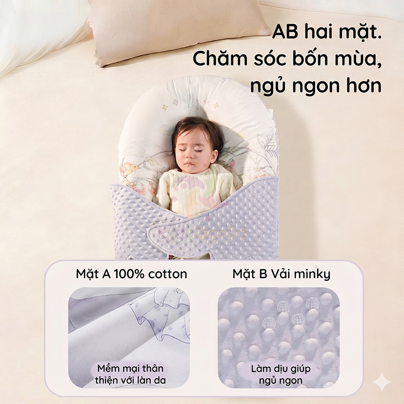 Nôi ngủ chung giường cho bé sơ sinh hoạ tiết cổ tích cao cấp thiết kế mô trong bụng mẹ chống giật mình, chống đè nhầm, định hình đầu & cột sống cho bé từ 0-12 tháng