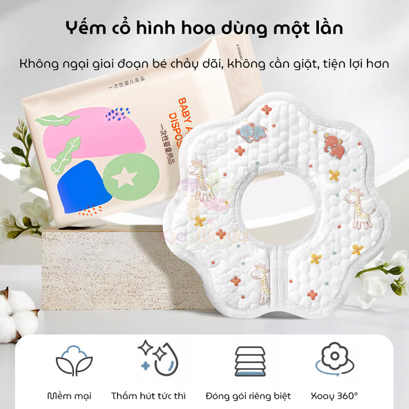 Set 10 yếm cổ hình hoa dùng 1 lần cho bé với 5 lớp chống thấm, thiết kế xoay 360° thông minh