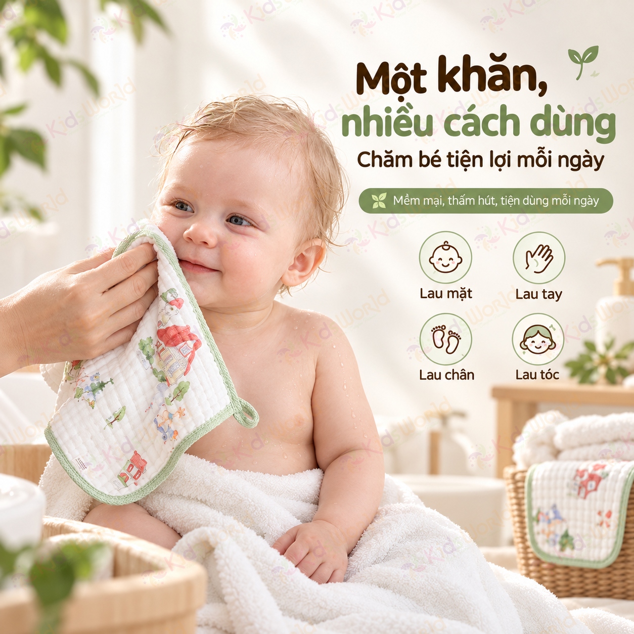 Set 5 khăn sữa cho bé hoạ tiết cổ tích viền màu pastel Cotton 6 lớp xô muslin mềm mại, thấm hút tốt, mau khô, đa năng lau mặt tay chân kích thước 30x30cm