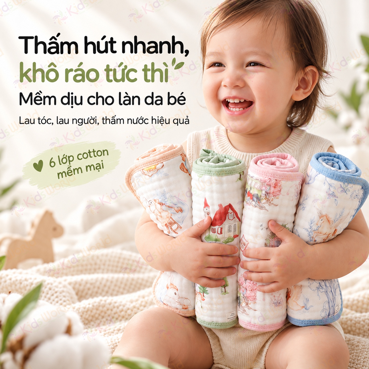 Set 5 khăn sữa cho bé hoạ tiết cổ tích viền màu pastel Cotton 6 lớp xô muslin mềm mại, thấm hút tốt, mau khô, đa năng lau mặt tay chân kích thước 30x30cm