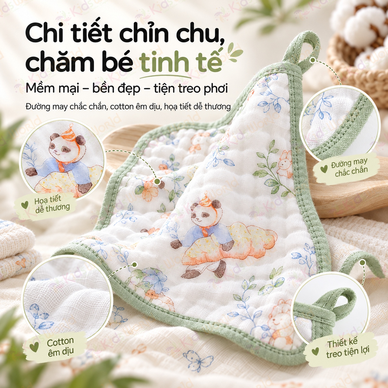 Set 5 khăn sữa cho bé hoạ tiết cổ tích viền màu pastel Cotton 6 lớp xô muslin mềm mại, thấm hút tốt, mau khô, đa năng lau mặt tay chân kích thước 30x30cm