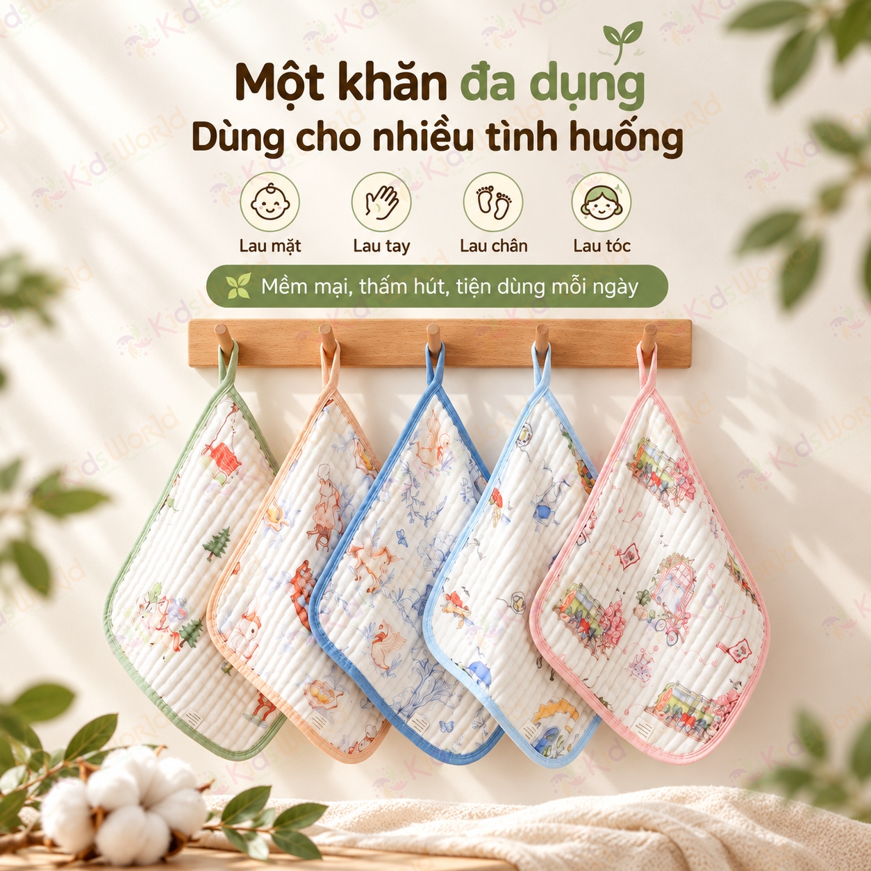 Set 5 khăn sữa cho bé hoạ tiết cổ tích viền màu pastel Cotton 6 lớp xô muslin mềm mại, thấm hút tốt, mau khô, đa năng lau mặt tay chân kích thước 30x30cm