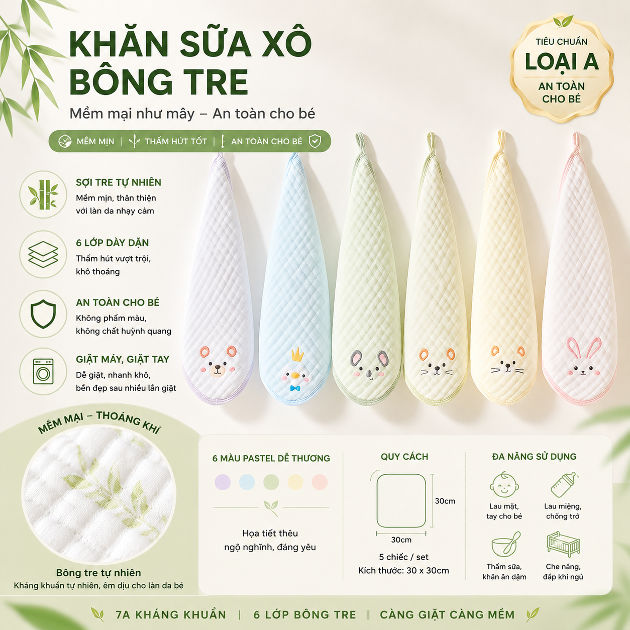 Set 5 khăn sữa cho bé in hình thú sợi bông tre 6 lớp, khăn xô cao cấp siêu thấm hút, mềm mại, kháng khuẩn cho trẻ sơ sinh